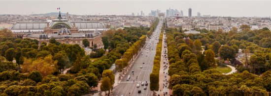 PARIS, FRANCE - April 22, 2017: Panorama of Paris Champs Elysees with the Arc de Triomphe