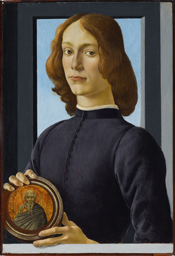 Sandro BOTTICELLI (c.1445-1510), Portrait of a young man holding a roundel (1480) Tempera/poplar panel, 58.4 × 39.4cm