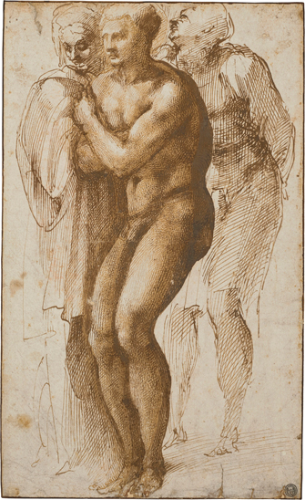 Michelangelo (1475-1564). Drawing, brown ink, 33 x 20 cm A nude man (after Masaccio) and two figures behind him